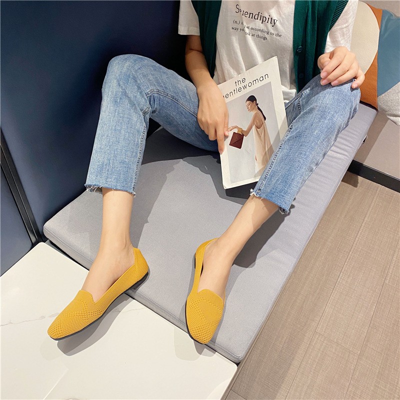 2021 Women Flat Knitted Square Toe Colorblock Soft Ladies Zapatos De Sport Zapatillas Mujer Ballet Breathable Moccasins