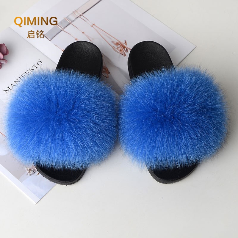 Women Summer Fluffy Fur Slippers Flat Non-slip Solid Real Furry Fur Slides Platform Shoes Plush Fur Sandals Flip Flops Women