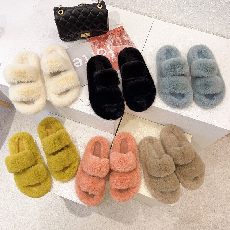 2021 Winter Keep Warm Women Fur Furry Slippers for Home Fluffy Soft Indoor Slides Thick Flats Heel Non-slip Indoor House Shoes