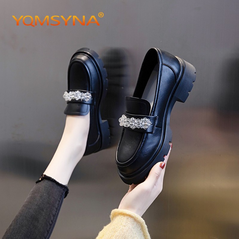 YQMSYNA Loafers Women Luxury Comfortable Thick Bottom Square Heel Round Toe Lady Shoes Fashion Appliques Party Pumps W02