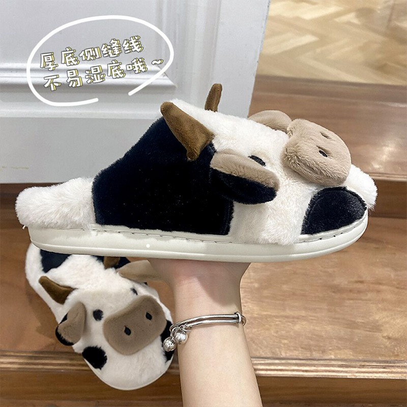 Women Winter Cute Animal Slippers Fashion Kawaii Fluffy Winter Warm Slippers Female Cartoon Milk Cow Indoor Slippers Funny Shoes