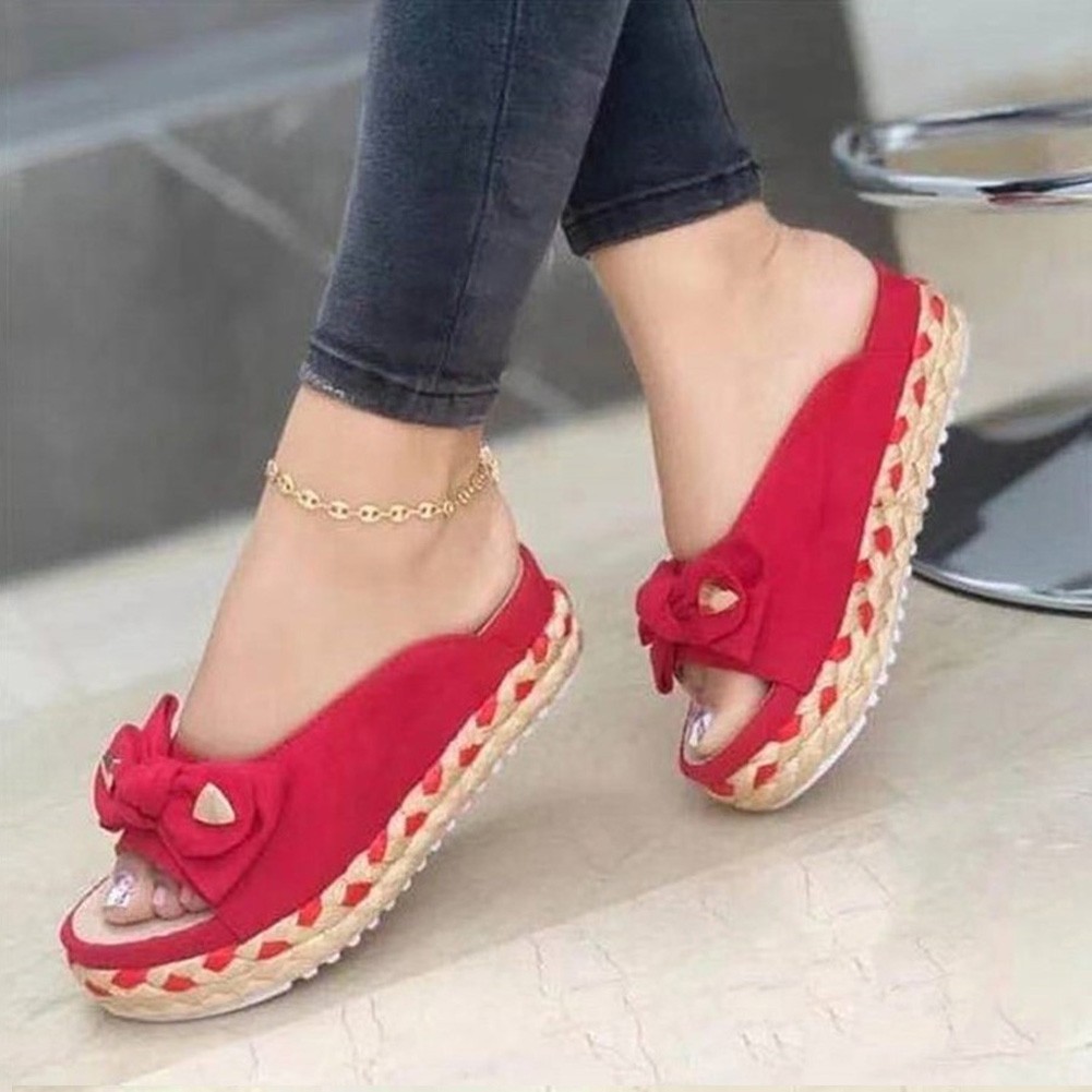 Women Bowknot Slippers Braided Straps Outdoor Sandals Thick Bottom Casual Open Toe Flat Shoes Female Straw Woven Soft Slippers