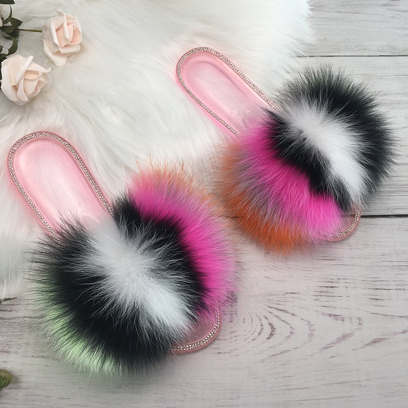 fluffy slippers women real fur home slides summer crystal rhinestones shoes for women flip flops with fur jelly sandals women