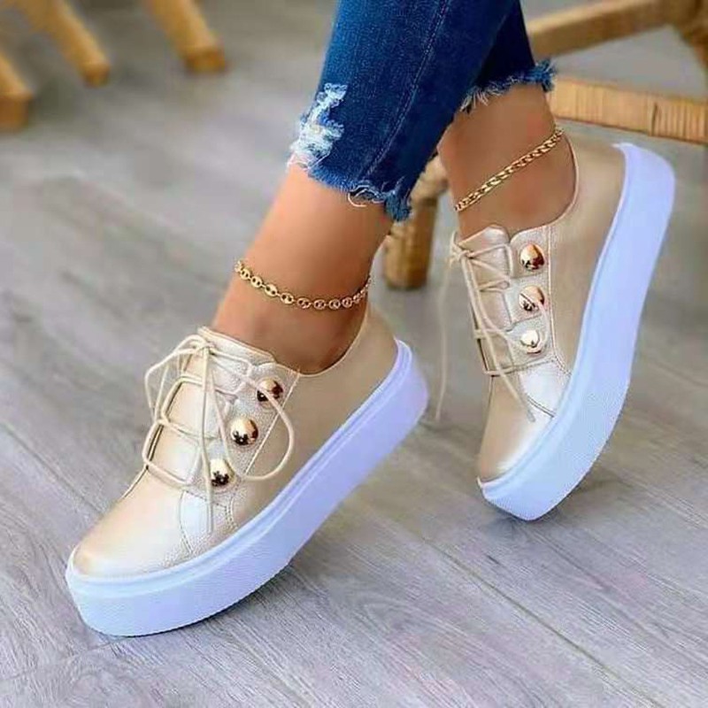 Rimocy Shiny PU Leather Thick Bottom Sneakers Woman Plus Size 43 Lace Up Platform Shoes Women Gold Silver Flats Zapatos De Mujer