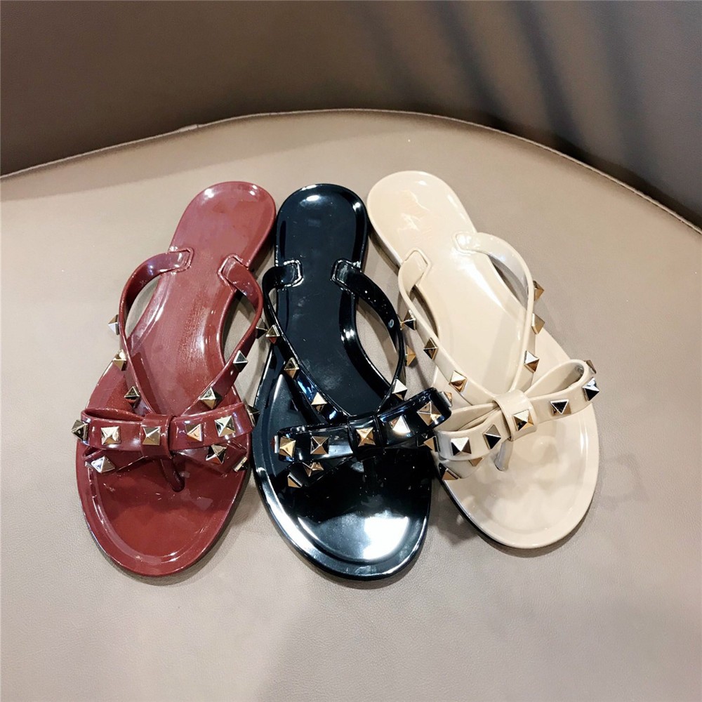 Fashion Brand Summer Flip Flops Woman Rivets Women Sandals Bow-knot Flat Slippers Girls Studded Beach Slides Jelly Shoes 35-41