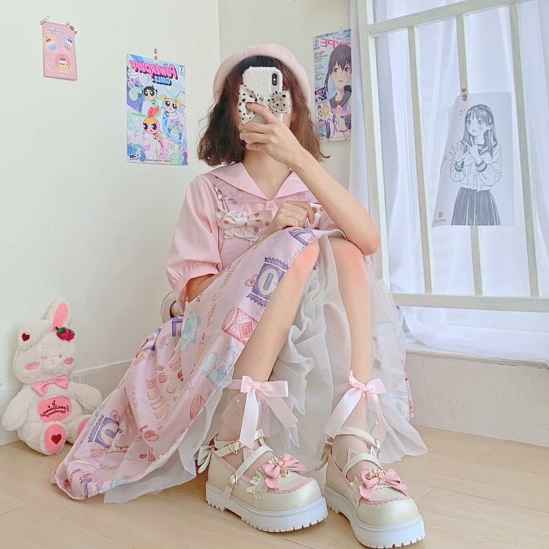 Kawaii المرأة صنادل أرضية القوس المرقعة Zapatillas Mujer 2022 الربيع اليابانية نمط مشبك أجراس الفتيات جميلة لوليتا الأحذية