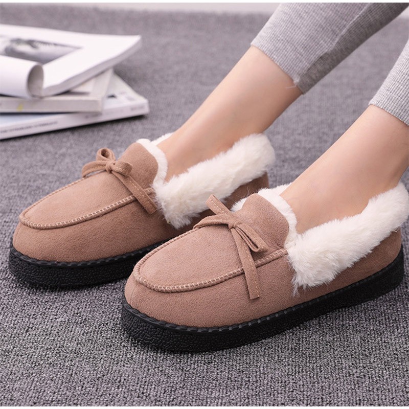 Women Slippers Winter Bow Tie Plush Warm Shoes Inside Loafers Indoor Slippers Ladies Ladies Slip On Shoes Chaussure Femme Women Shoes Non-leather Casual Shoes Women's Shoe Brand