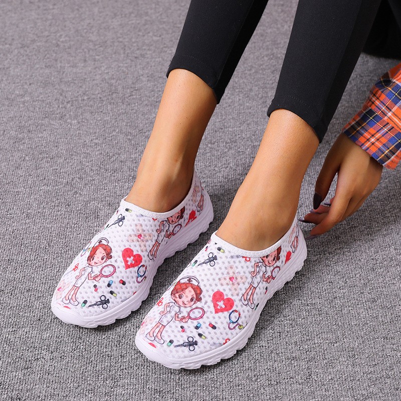 Women Comfortable Sneakers Casual Shoes Cartoon Nurse Print Women Sneakers Breathable Flat Shoes Zapatillas Mujer