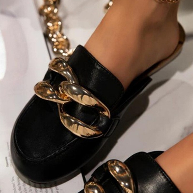 Metal Chain Lazy Loafers Big Round Toe Women Slippers Sandals 2021 Summer Fashion Thick-soled Pumps Office Women Mules Shoes