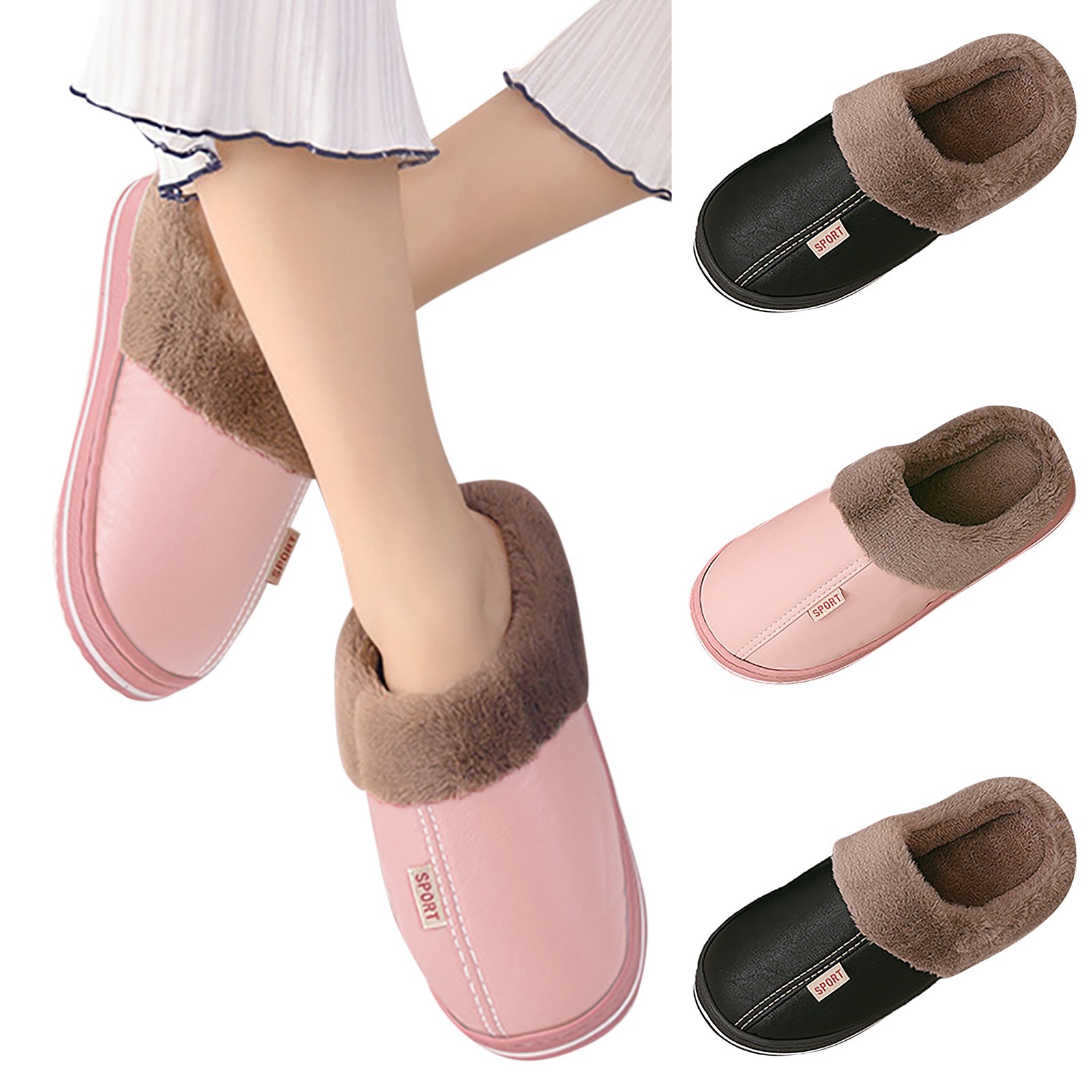 Slippers for women round toe flats plus velvet home indoor slippers for women comfortable winter warm plush non-slip shoes