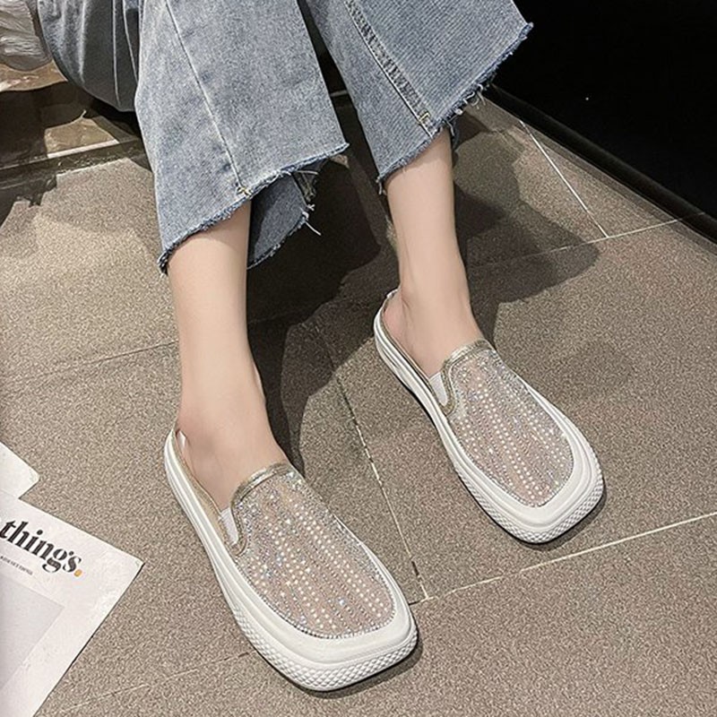 Rimocy Crystal Breathable Mesh Mules Shoes Women Summer Comfort Soft Bottom Platform Shoes Woman Square Toe Non-slip Beach Shoe