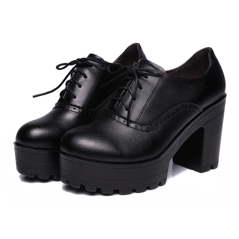 High Heel Shoes Show Women Single Shoes Thick Heel Plush Lace Up Thick Soled Leather Shoes Women's Shoes Zapatos De Mujer