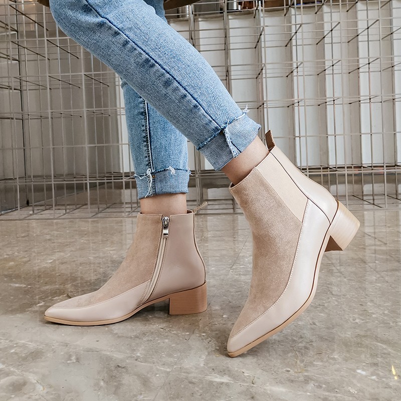 Women Ankle Boots Genuine Leather 22-26.5cm Feet Length Leather Pointed Toe Chelsea Boots Spring and Autumn Wild Woman Shoe