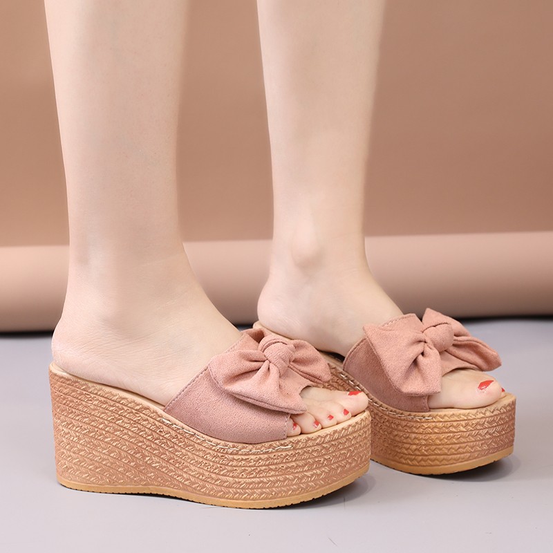 Lucyever thick bottom bowknot slippers women 2022 summer fashion wedges slides woman flat with platform flip flops sapatos mujer