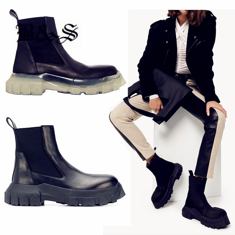 Black and street new thick sole cowhide handmade slip winter add fur inner transparent warm shoes