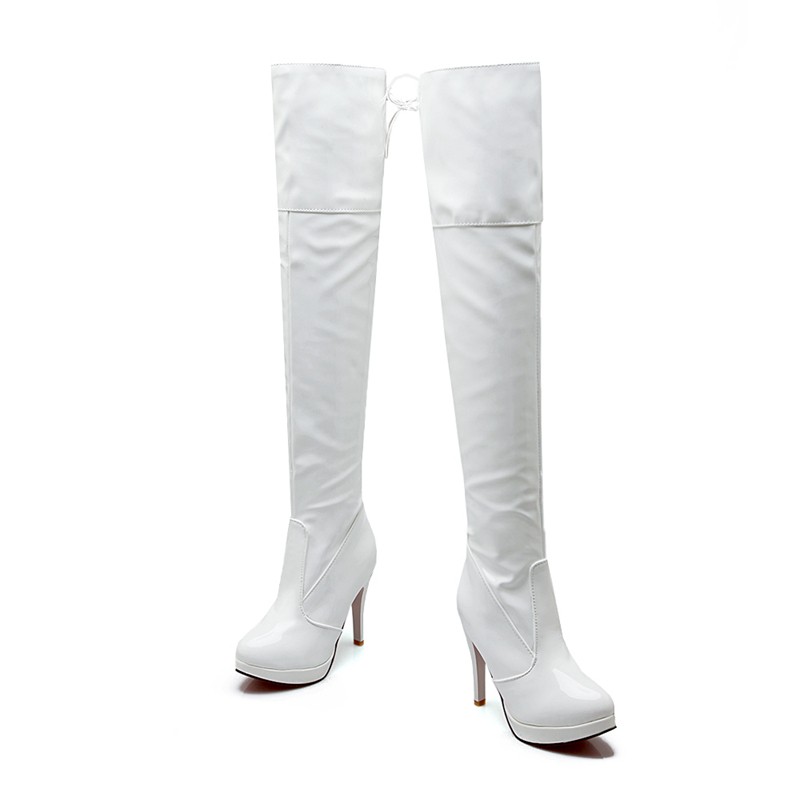 REAVE CAT 2021 Sexy Over the Knee Boots Patent Leather Velvet Round Toe Lace Up Zip Platform 11cm Thin Heel US12 White Red A4348