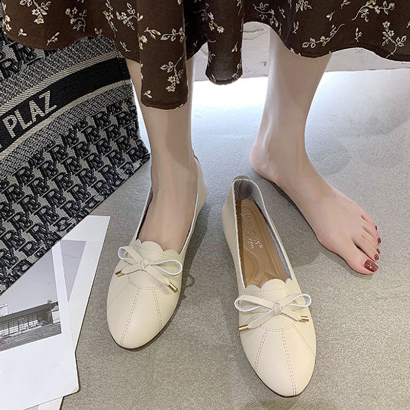 Spring Cute Bow White Elegant Gentle Low-heeled Casual Fashion Soft Women's Shoes Pregnant Women Go Out Comfortable Flat Shoes