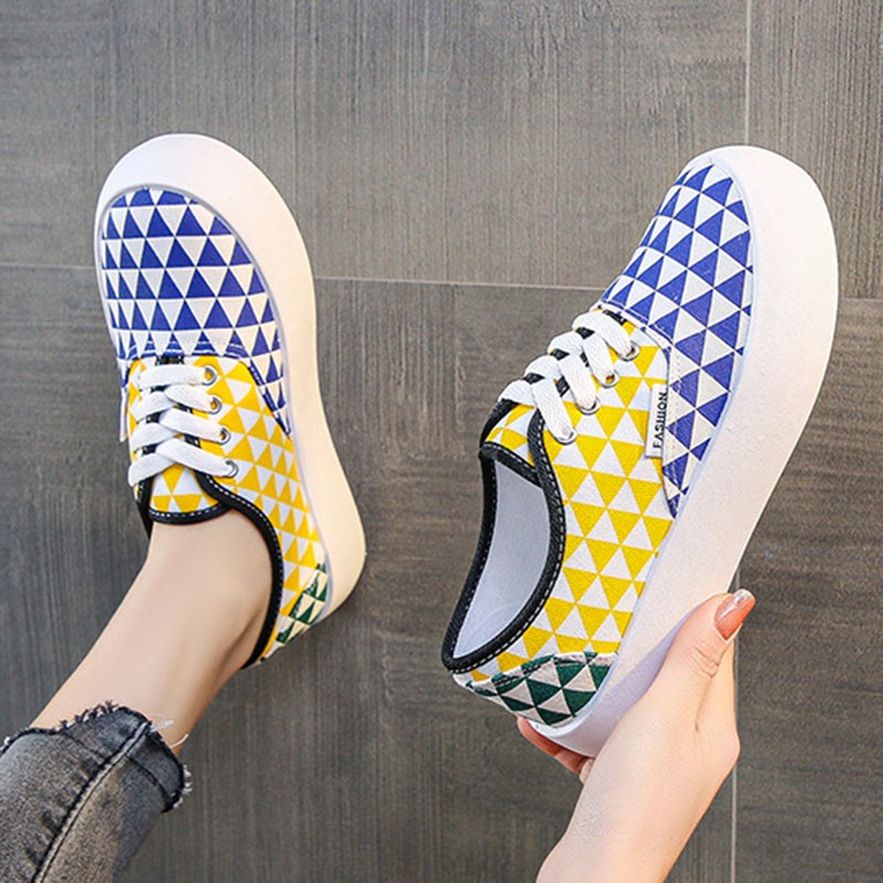 Spring New Color Matching Plaid Design Fashion Shallow Mouth Breathable Outdoor Casual Rubber Platform Non-slip Canvas Shoes