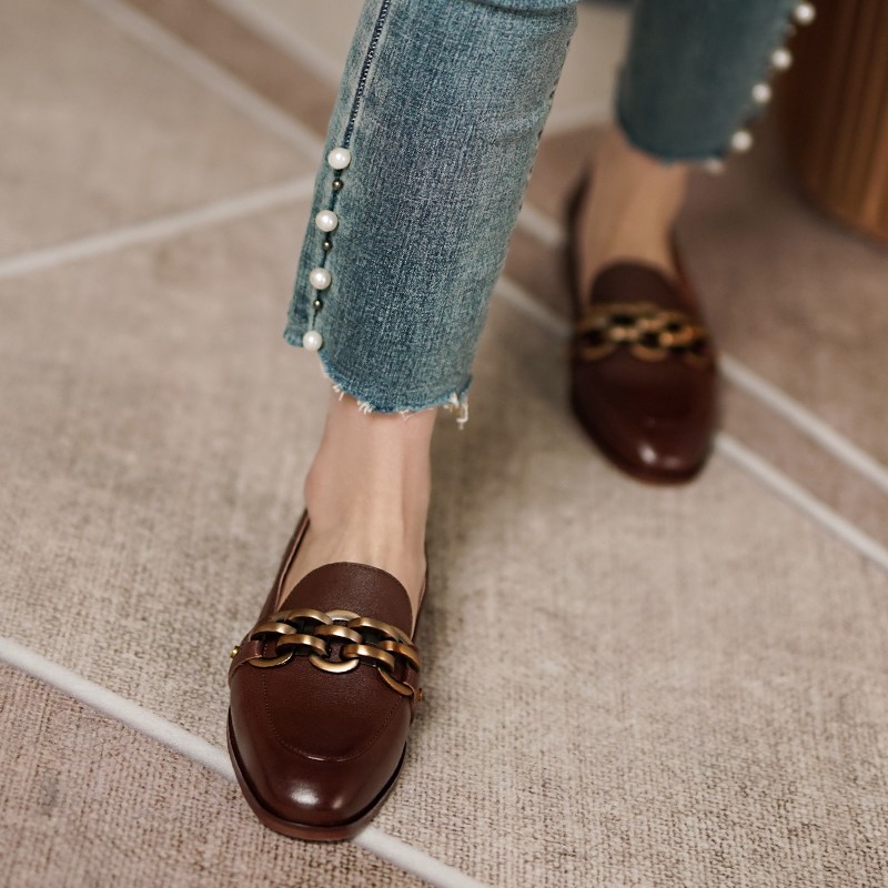 2021 New Women's Series Loafers Low Heel Genuine Leather Round Toe Slip-On Loafers Ladies Comfortable Casual Spring Shoes