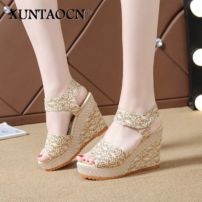 Women Sandals New Summer Fashion Lace Hollow Gladiator Wedges Shoes Woman Slides Peep Toe Hook & Loop Solid Lady Casual