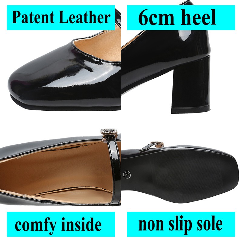 Lucifer Mary Janes Patent Leather Women Shoes Crystal Buckle 2022 Solid Color Chunky Heel Women Shoes Black Red