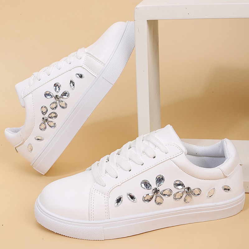 Lucyever Rhinestone White Sneakers Women Spring Summer Comfortable Lace Up Flats Woman Casual Platform Shoes Female Plus Size 42