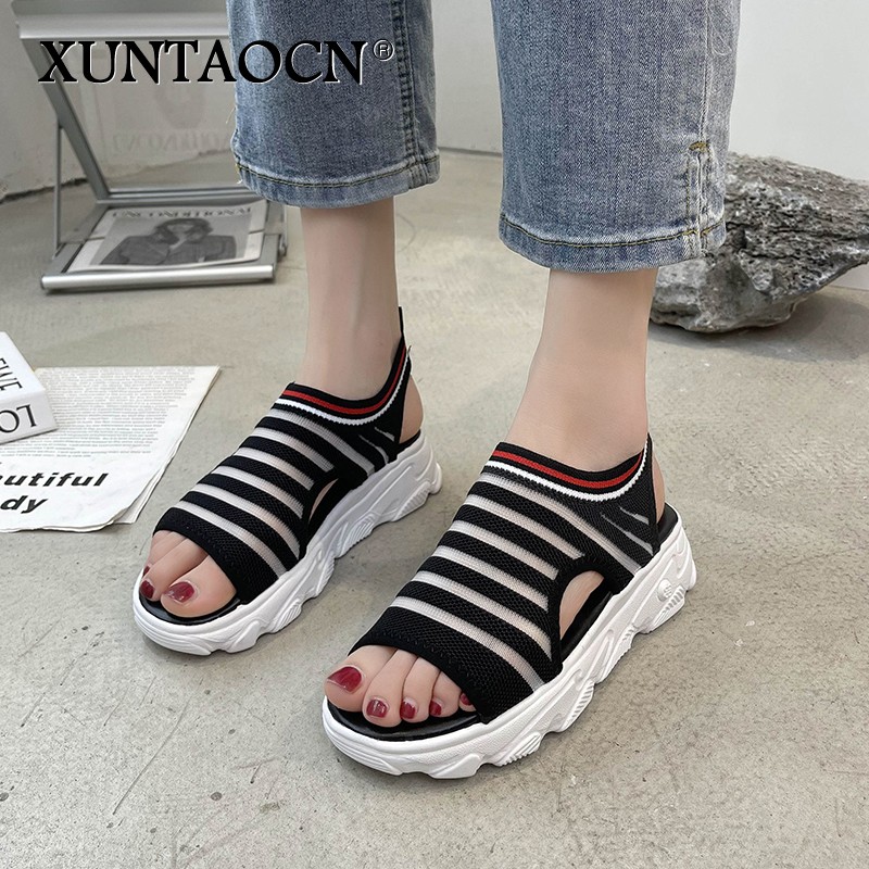 Women's sandals peep toe hollow air mesh thick bottom solid wedges female summer shoes causal fashion slip on women's shoes