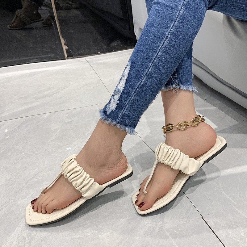 Lucyever 2022 Summer Clip Toe Flat Slippers Women Pleated Pu Leather Square Toe Sandals Woman Solid Outdoor Flip Flops Mujer 43