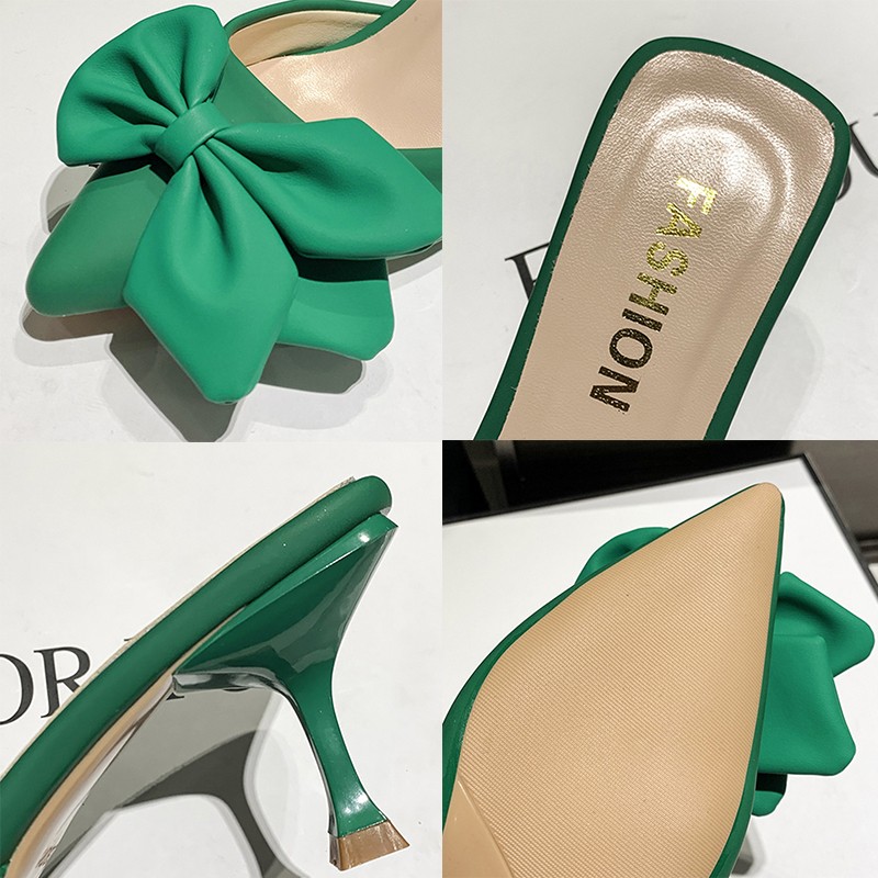 Lucyever Fashion Big Bowknot Women's Slippers 2022 Summer Pointed Toe Low Heels Mules Shoes Woman Green Thin Heeled Slides Mujer