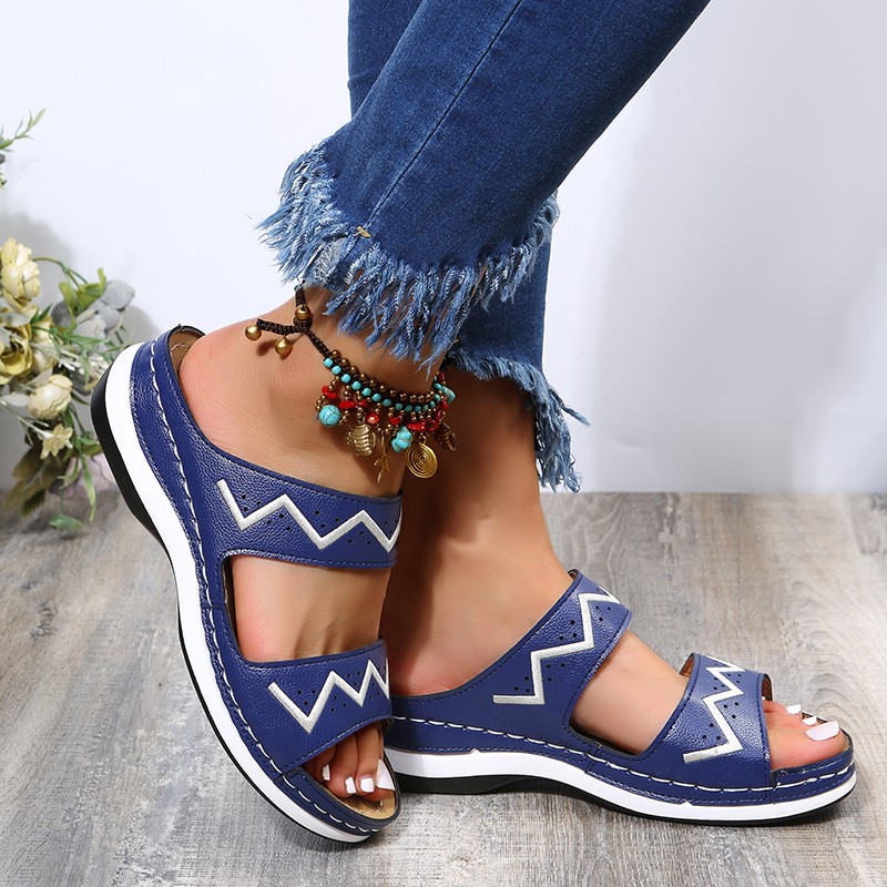 Rimocy Summer Outdoor Platform Beach Slippers Women PU Leather Striped Wedges Sandals Woman Fashion Thick Sole Non-slip Slides