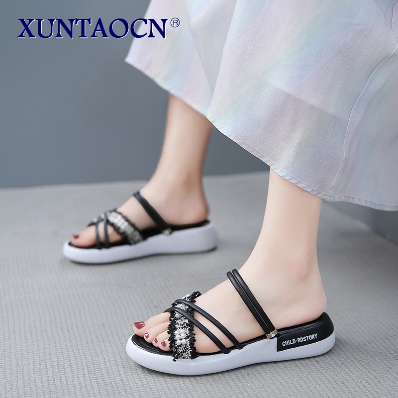 Slippers Women Summer Flat Shoes Female String Bead Pantofle Lady Slides Fashion Low 2022 Girl Luxury Fabric Rubber Rome Hoof He