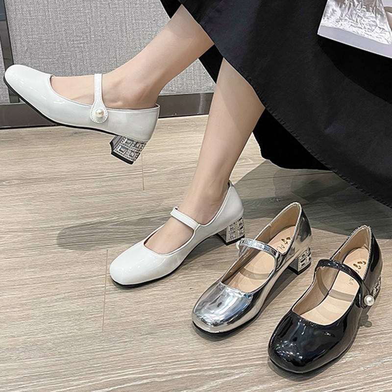 Lucyever Fashion Pearls Ankle Strap Pumps Women Shoes 2022 Rhinestone Thick Heels Mary Janes Woman Patent Leather Office Shoes