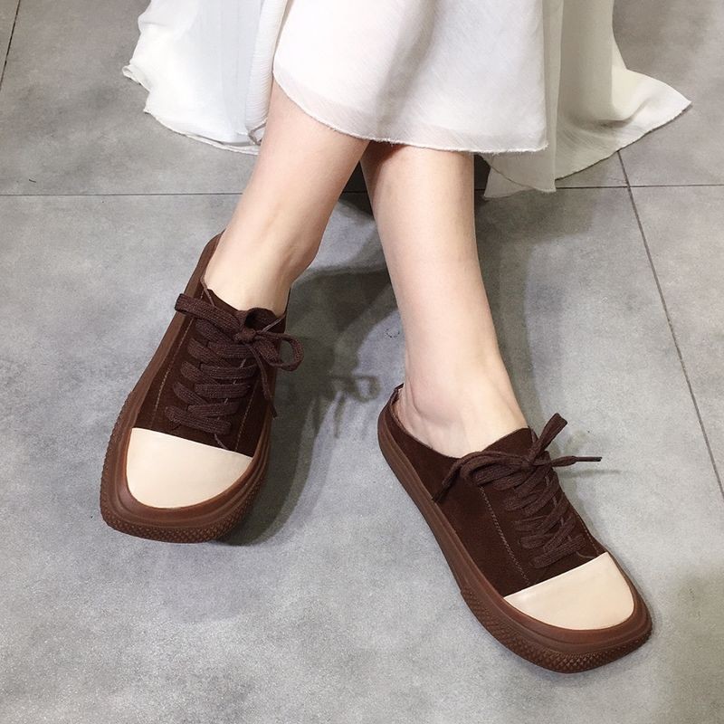 Half slippers women 2021 spring and summer new cool slippers contrast color retro handmade square lace up soft-soled shoes