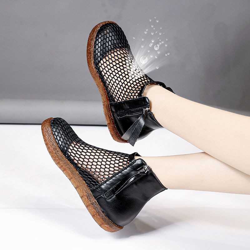 2021 Summer Flat Sandals Soft Genuine Leather Breathable Mesh Flat Sandals Korean Hollow Out Sandals Female Student Shoes