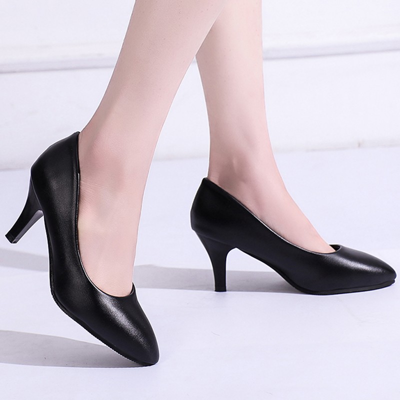 Lucifer 2022 Spring Black PU Leather Women Shoes Pointed Toe Slip On Office Women Shoes High Heels Shallow Mouth