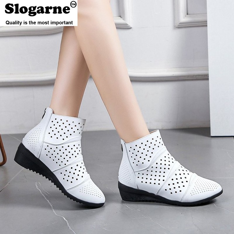 Women's hollow ankle boots female spring shoes 4.5cm medium heel wedges soft leather invisible height increasing short boots