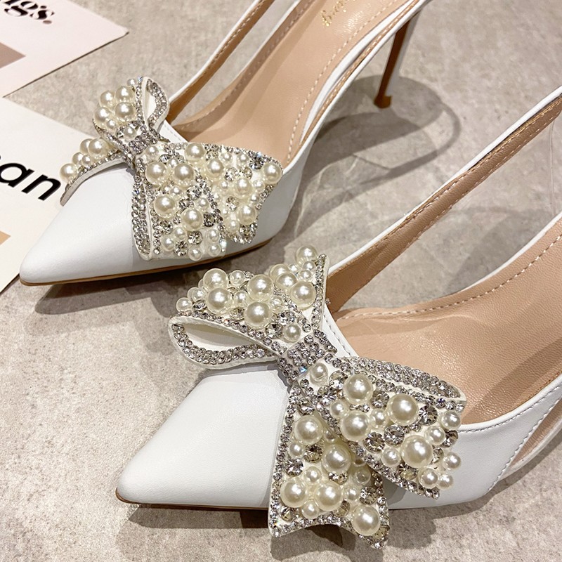 Rimocy Women's High Heels Pearls Shoes 2022 Spring Summer Thin High Heels Women Shoes Crystal Pointed Toe Wedding Shoes