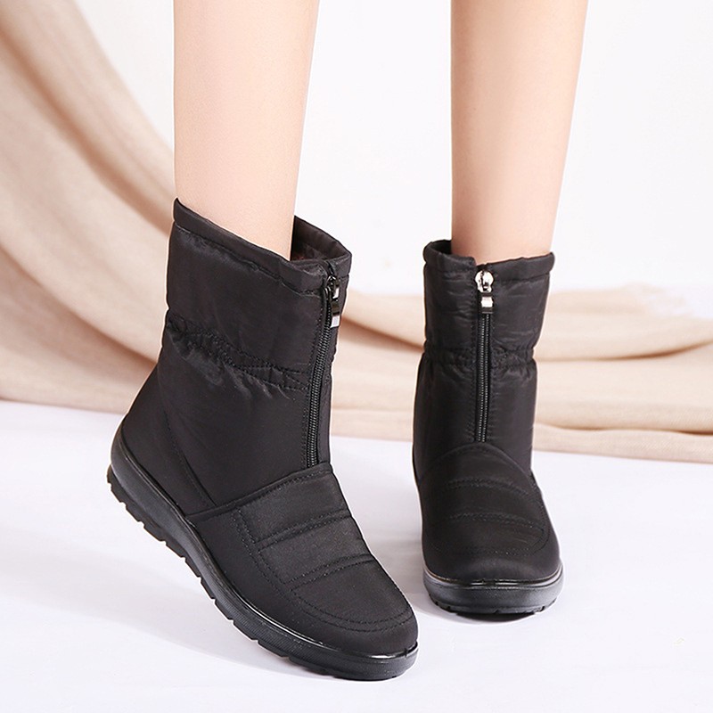 Snow boots for women winter warm plush ankle boots front zipper non-slip cotton-padded female solid color boots