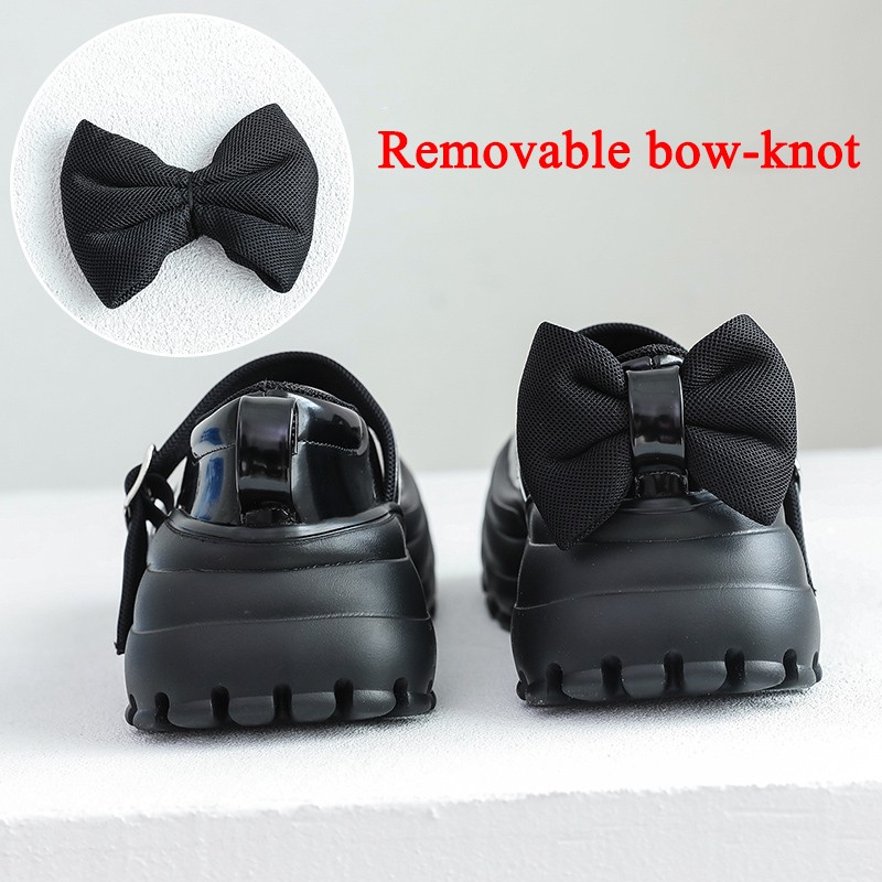 Rimocy Bowknot Gothic Platform Shoes Woman Black PU Leather Chunky Mary Jane Shoes For Women 2022 High Heel Ankle Strap Pumps