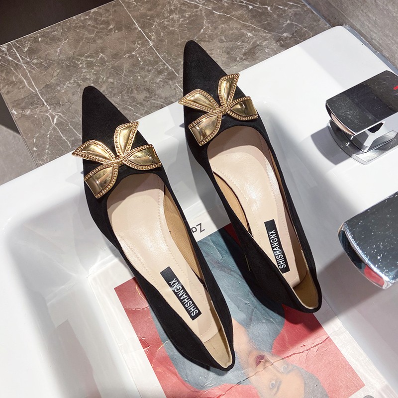 Rimocy Fashion Gold Bowknot Women Pumps Pointed Toe Thick Heels Office Shoes Woman 2022 Spring Comfortable Shallow Ladies Pumps