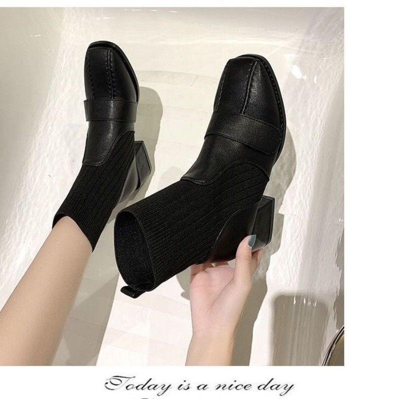 Chunky heels women's shoes 2021 autumn short boot women's med heel socks ultralight shoes British fashion short comfortable boot