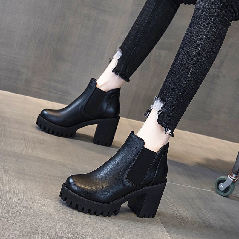 Women's boots British style autumn and winter new chunky Hee fashion platform all-match short boots wool lined high heel shoes