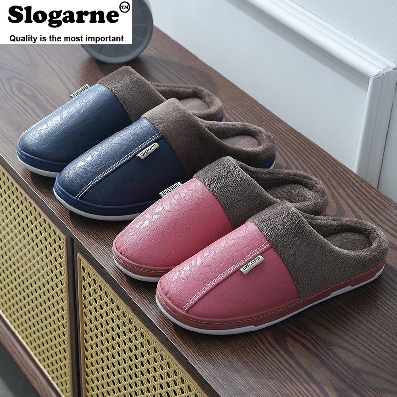 Couples Women Men Winter Slippers Home Cotton Shoes For Lovers Men Indoor Slippers Plush Warm Indoor PU Leather Waterproof Unisex