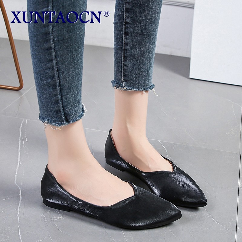 Spring Women Flats Black Pointed Toe Ballet Flats Shallow Boat Shoes Woman Flock Casual Shoes Female Loafers Apricot Pink