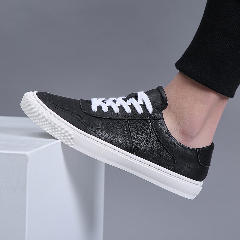 Genuine Leather Men's Sneakers Casual Canvas Shoes Breathable Ventilation Footwear Fashion Male Sneaker Black and White