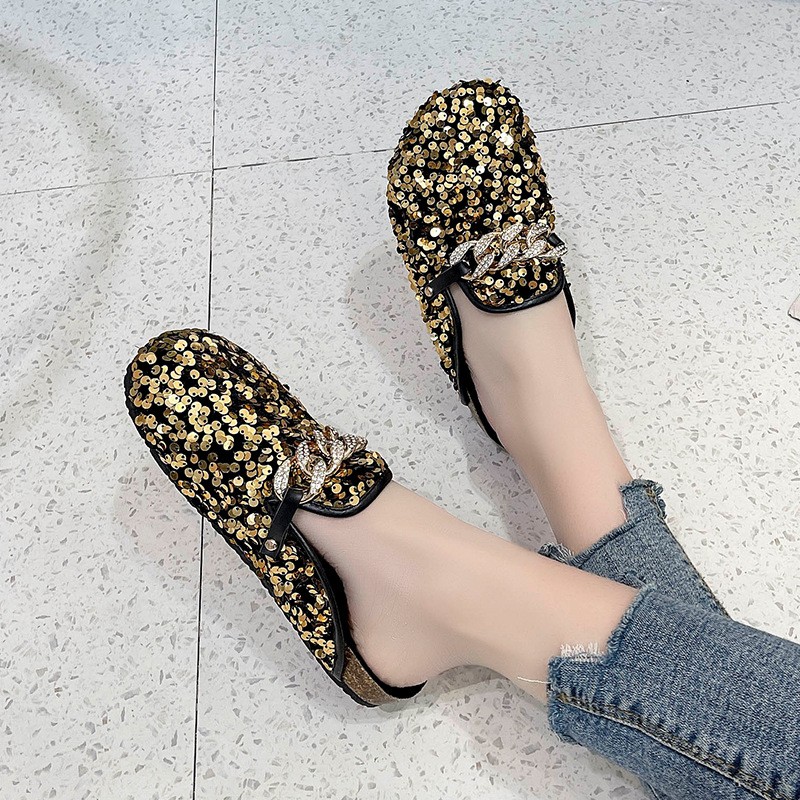 Fashion shoes women sequins metal chain slippers outdoor platform golden sandals 2022 new casual slip on lazy 43 size women shoes