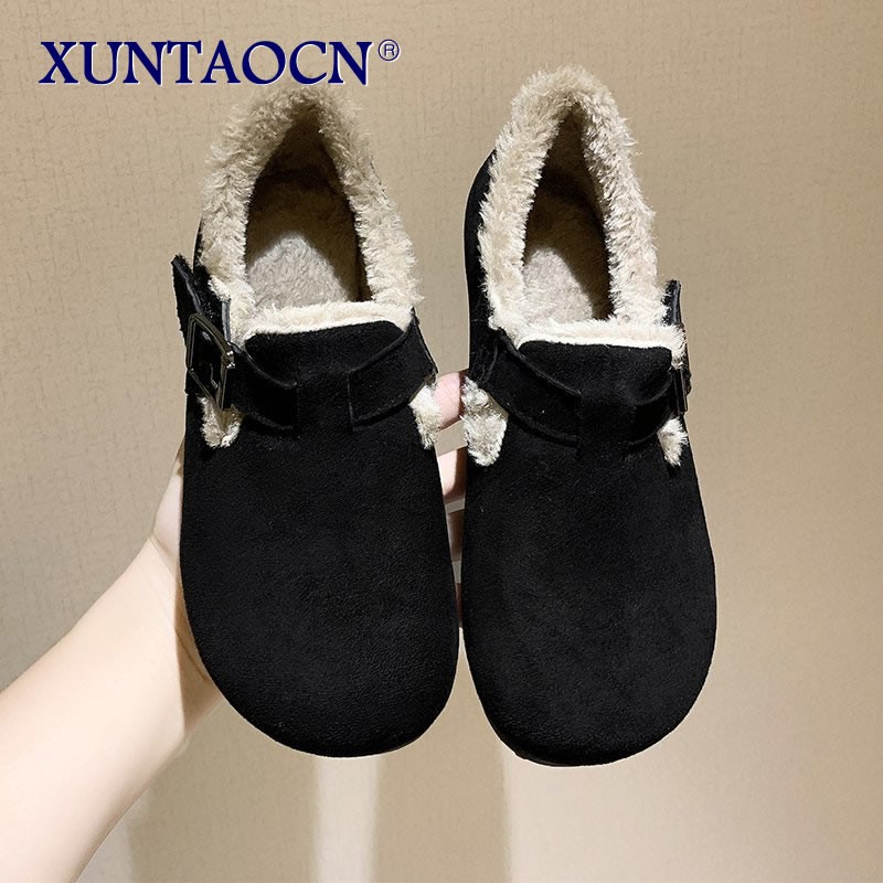 2022 New Solid Color Short Boots Buckle Strap Women Shoes Furry Plush Slip-on Flat Footwear Winter Warm Booties Female Snow Boot