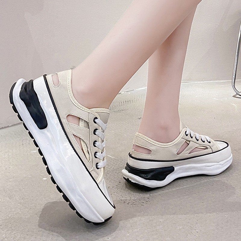 Lucifer Hollow Out Canvas Sneakers Women 2021 Fashion Lace Up Thick Bottom Vulcanize Shoes Woman Non-slip Platform Sandals Lady