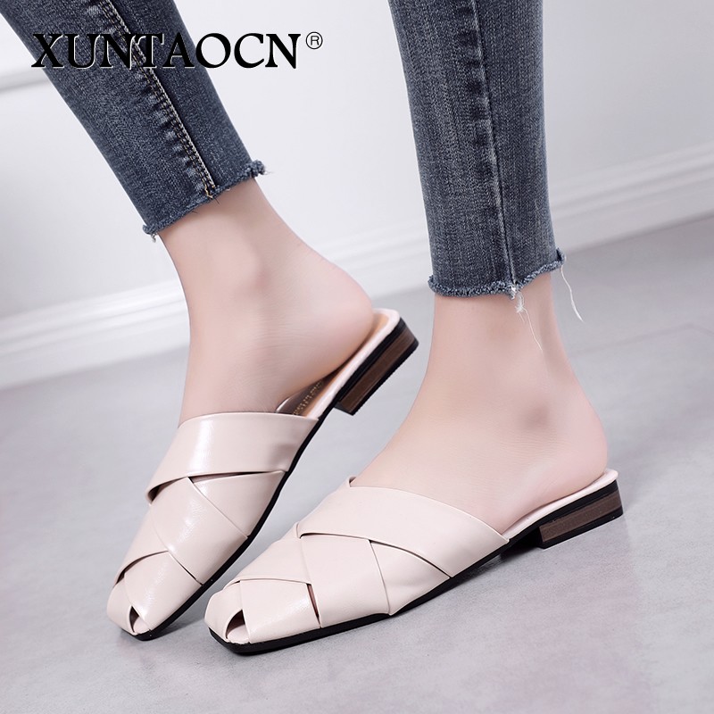 Flat Slides Mules Shoes Woman Summer Ladies Elegant Shoes Half Slippers Women's Shoes Lazy Zapatos Mujer