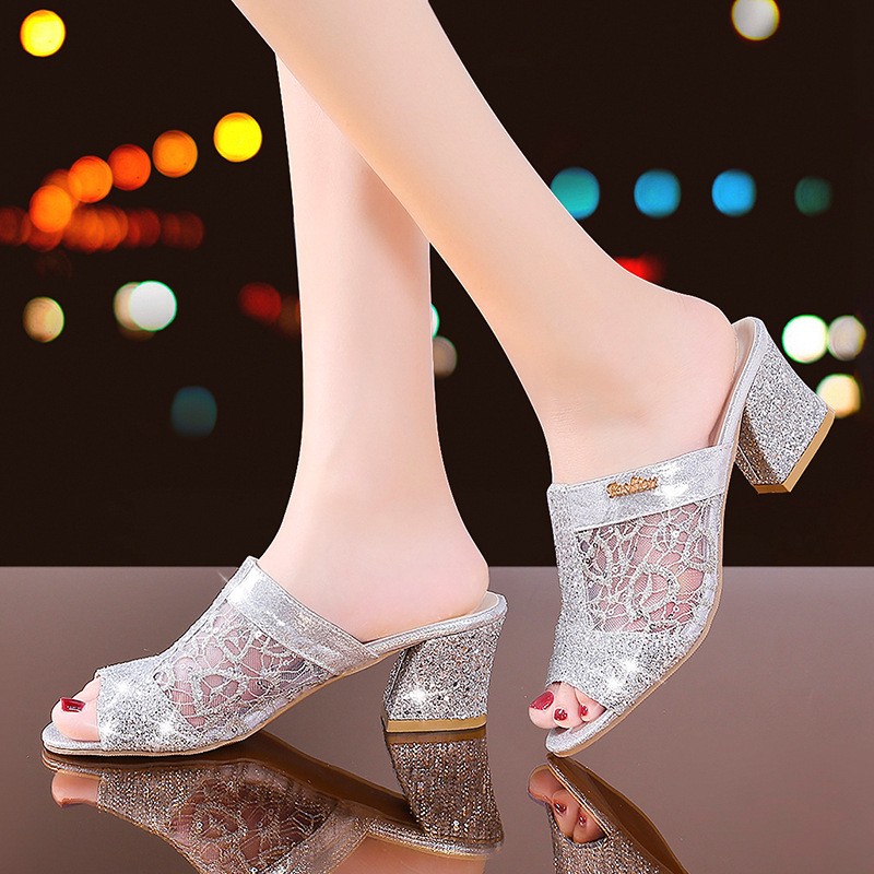 Ladies Summer Sandals Gold Open Toe Sandals Lace Dress Shoes Women High Heels Sandals Square Heel Women's Shoes Plus Size 34-43